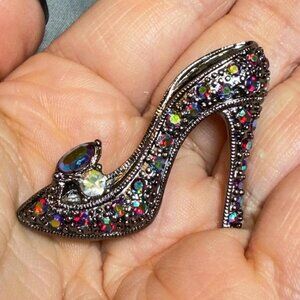 Lia Sophia High Heel Brooch Rhinestone Shoe Pin Black Tone 2 Inch